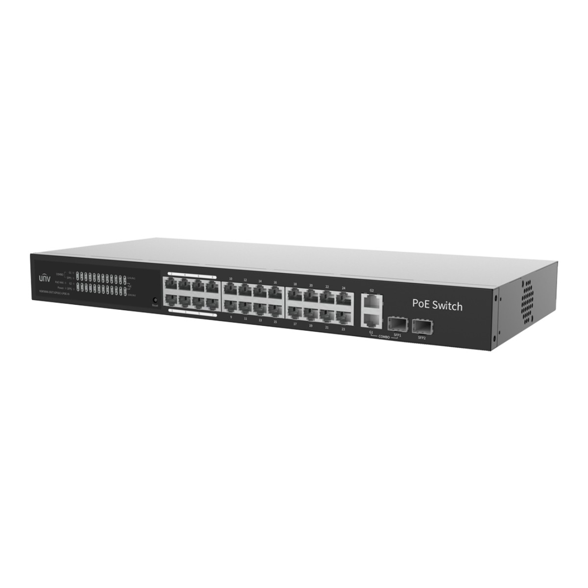 Uno switch PoE UNV nero con 24 porte Ethernet e due porte SFP.