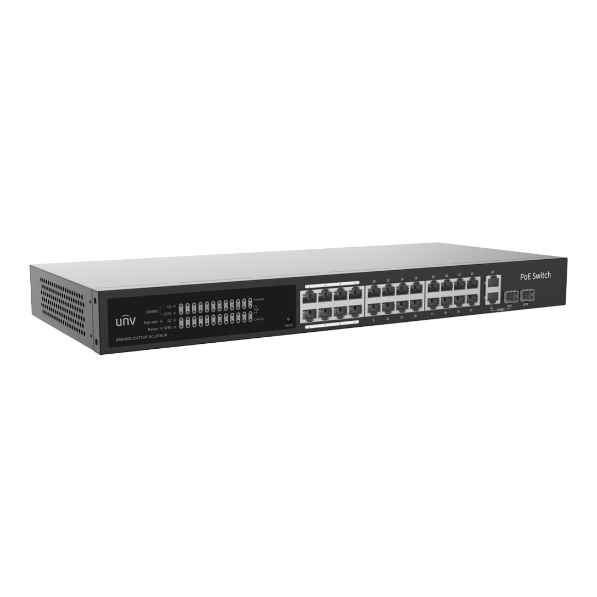 Uno switch PoE nero con 24 porte Ethernet e 2 porte SFP.