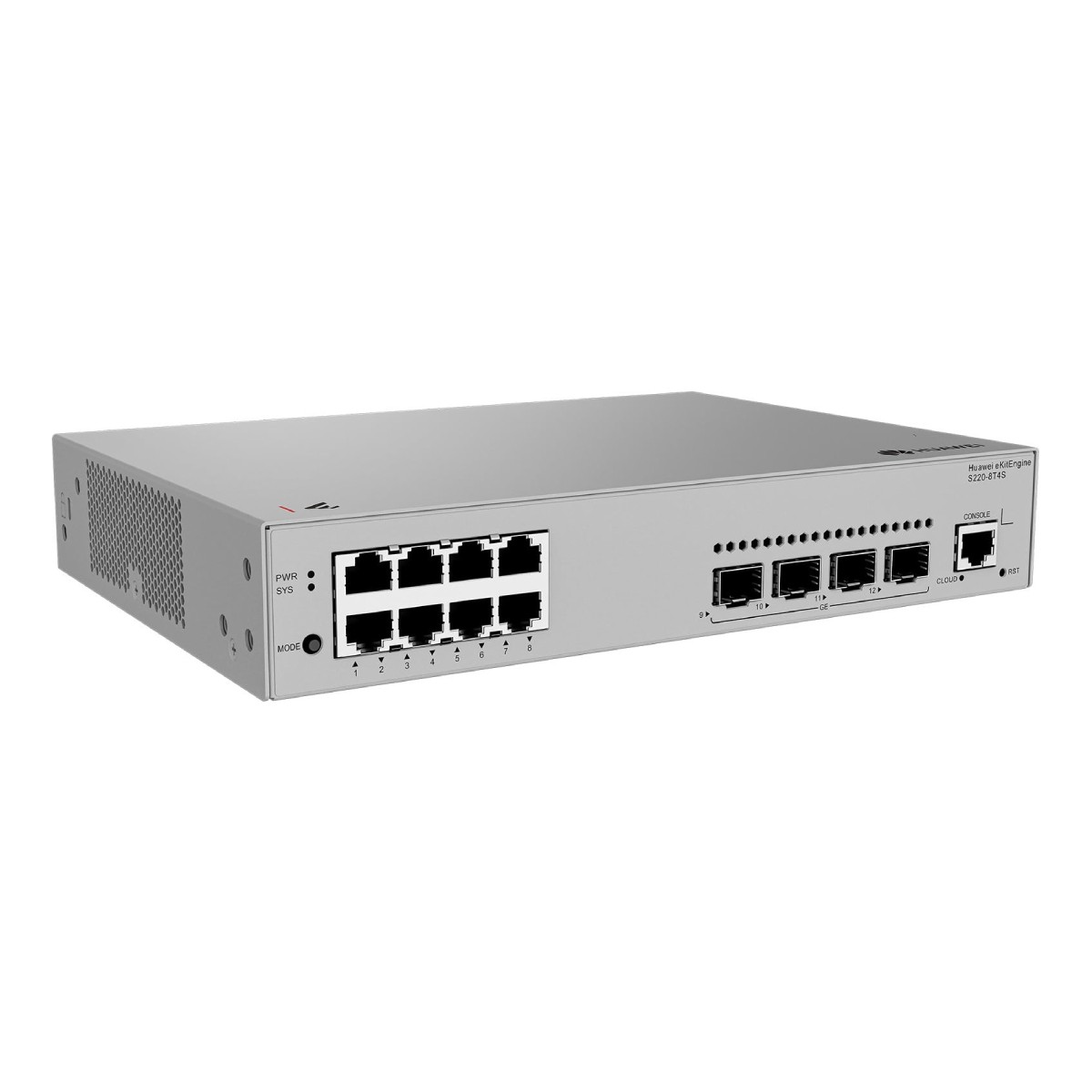 Un Huawei SwitchEngine S220-8T4S argentato con 8 porte Ethernet frontali.