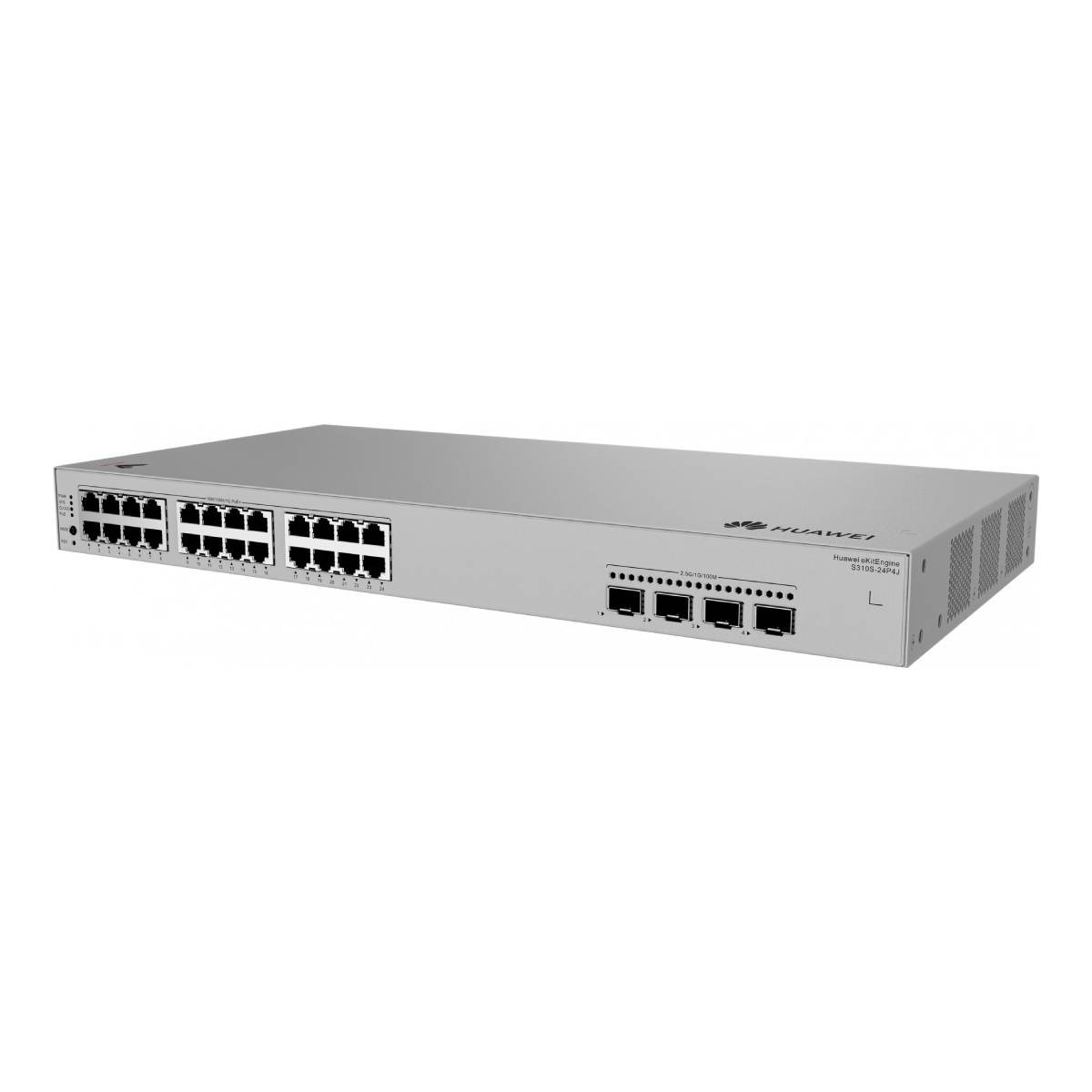 Uno switch di rete Huawei argentato con 24 porte Ethernet e 4 porte SFP.