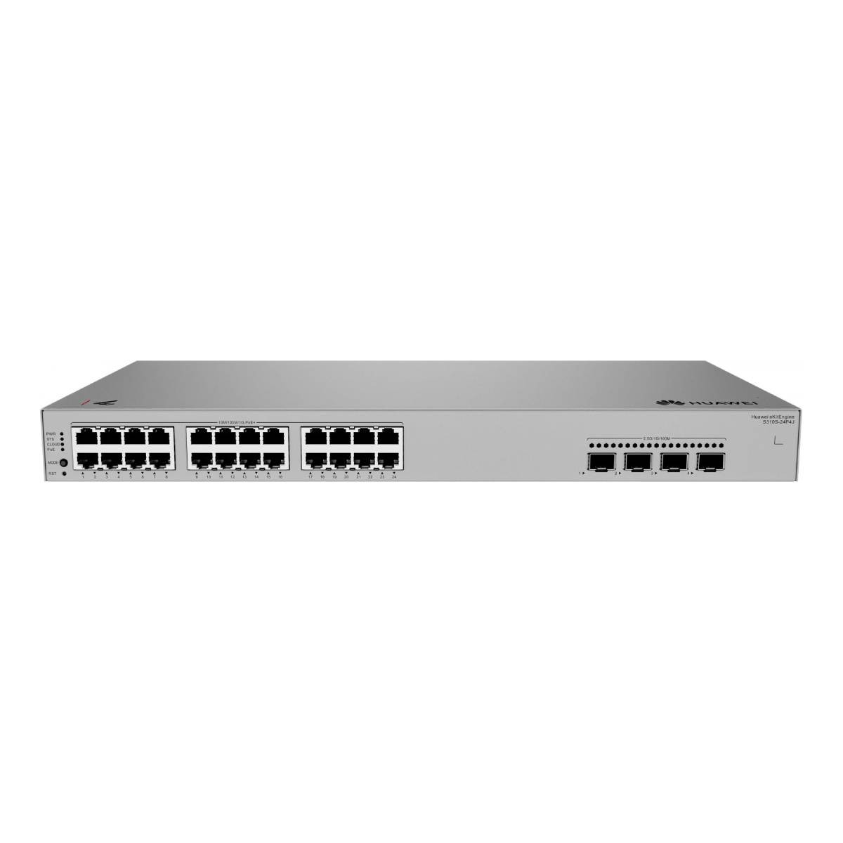 Switch Ethernet Huawei argentato a 24 porte con indicatori LED e porte di rete.