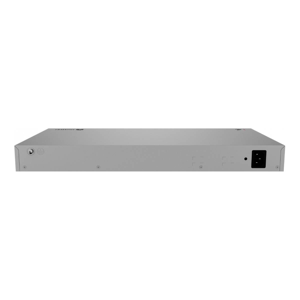 Dispositivo Huawei grigio con porte e viti su sfondo bianco.