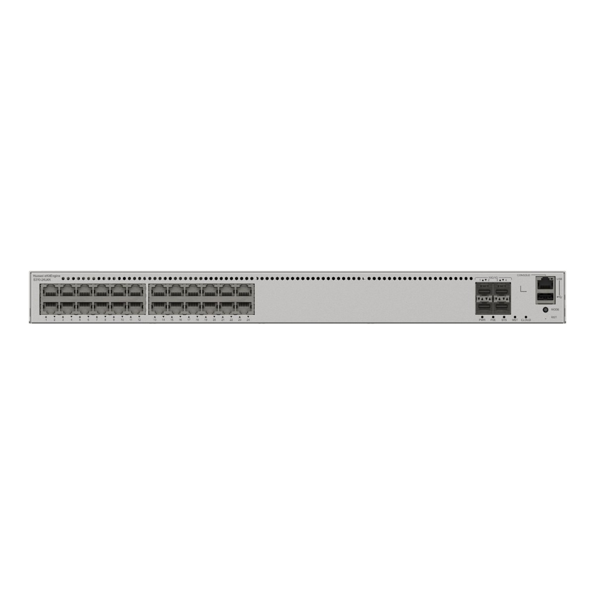 Uno switch di rete argentato con 24 porte Ethernet a sinistra e varie porte a destra.