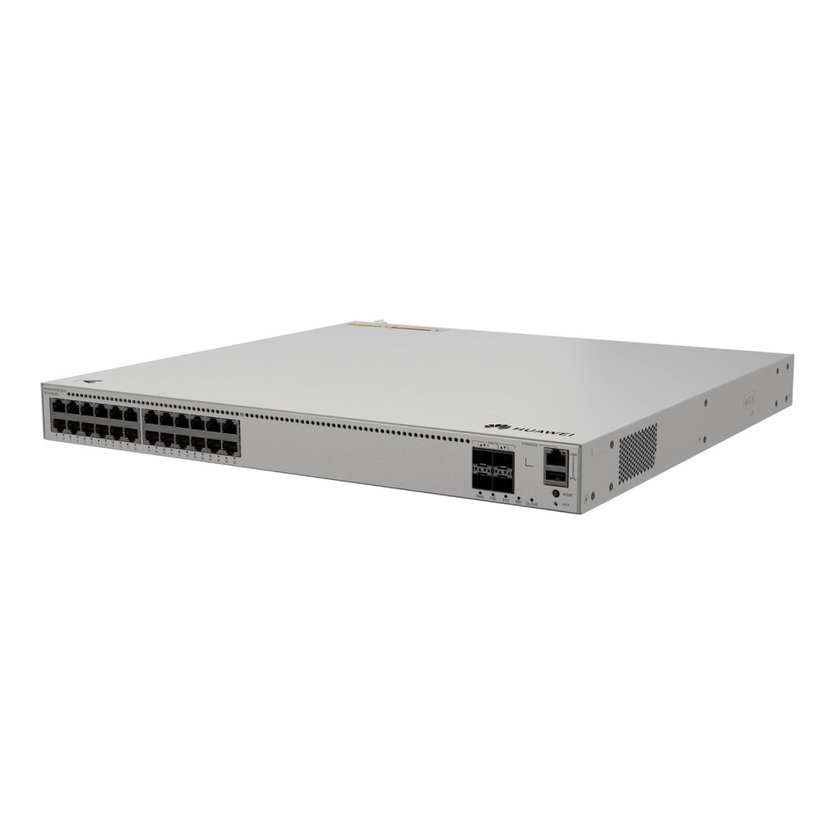 Uno switch di rete Huawei argentato con molte porte sul pannello frontale.