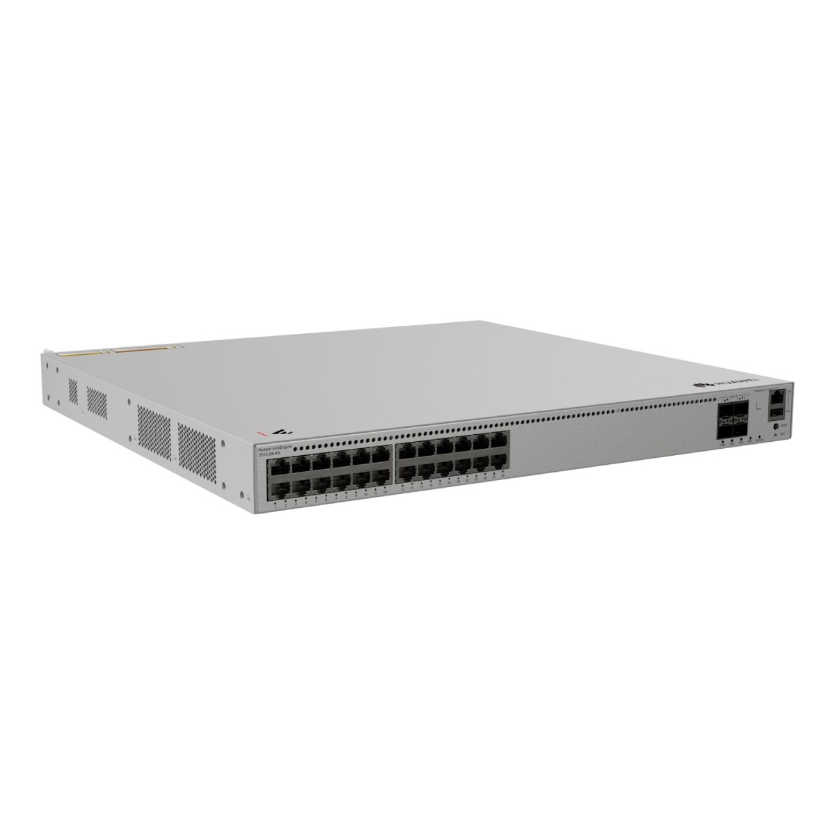 Uno switch di rete argentato con molte porte sul pannello frontale.