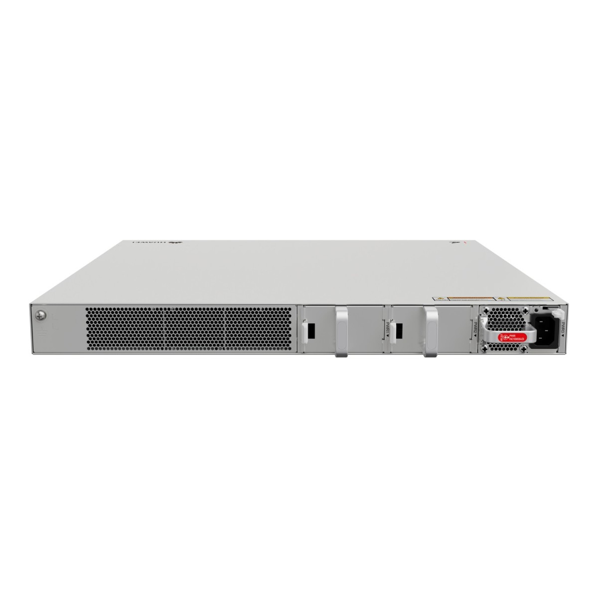 Vista posteriore di un server Huawei argentato con griglia di ventilazione e porte di alimentazione.