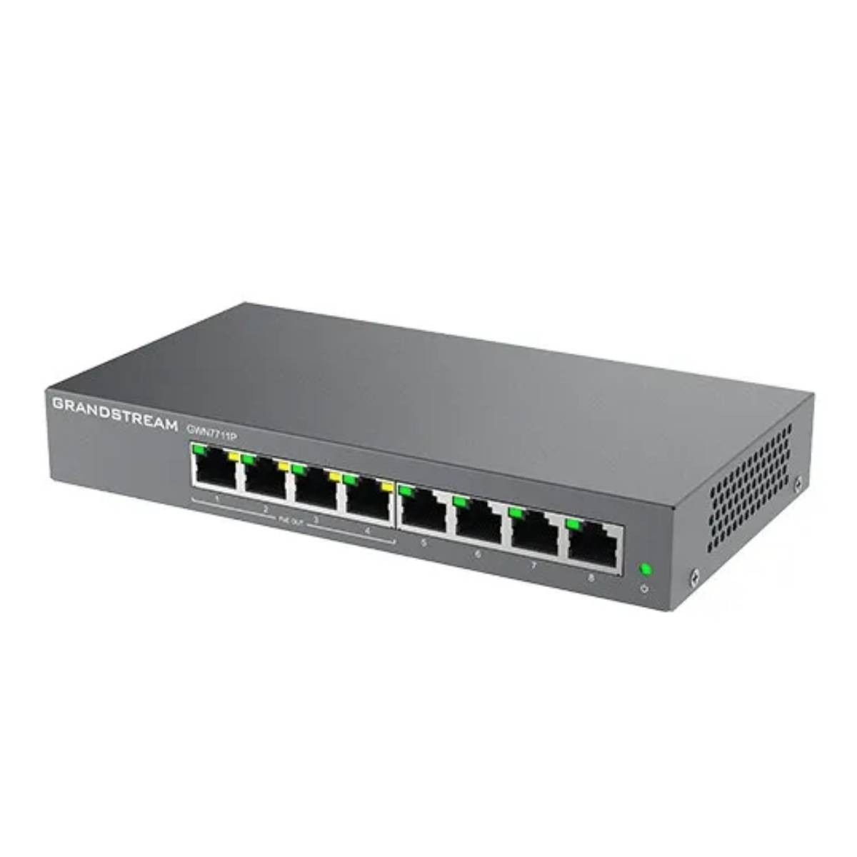 Switch di rete Grandstream grigio con 8 porte e LED verdi.