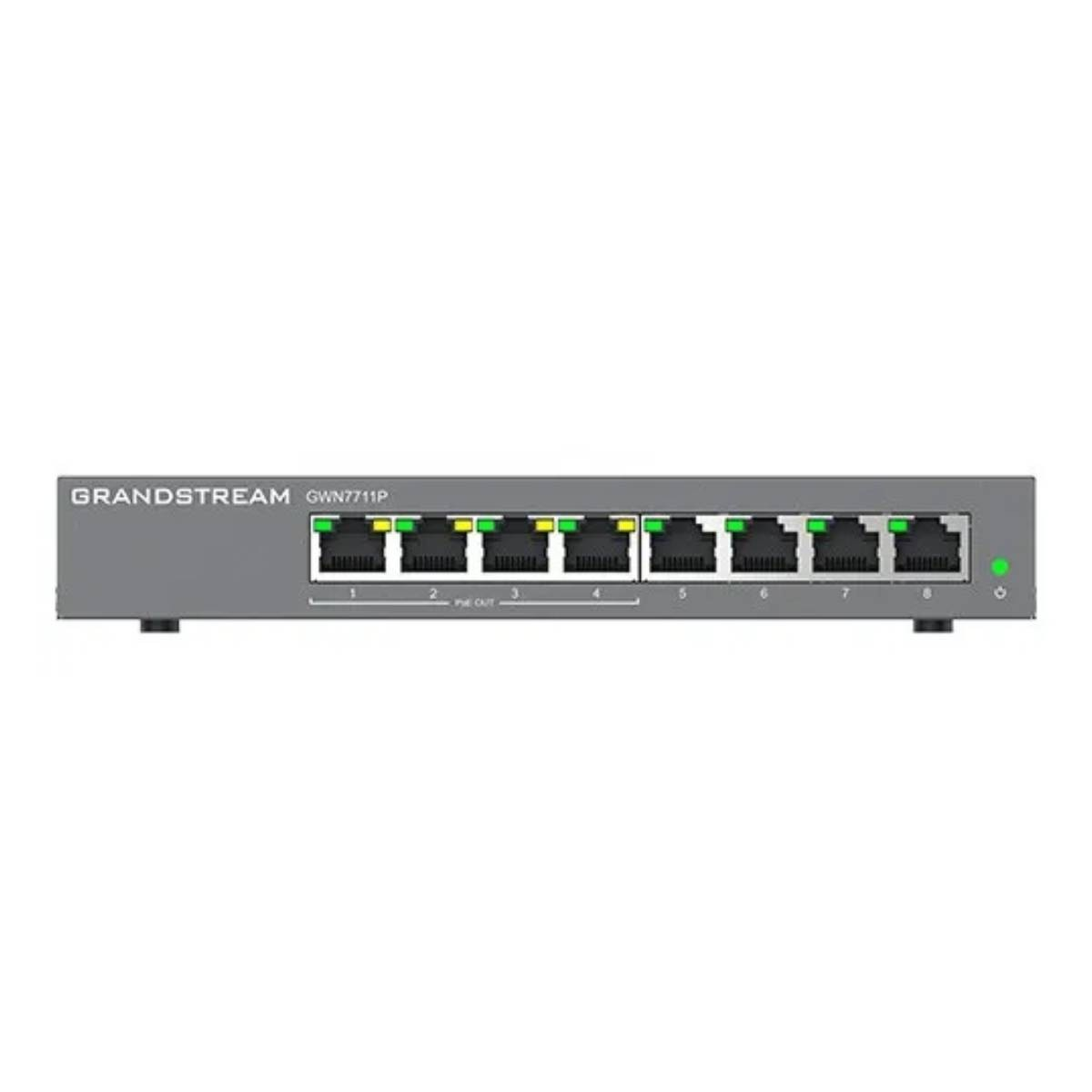 Switch Grandstream GWN7711P grigio con 8 porte e un indicatore LED verde.