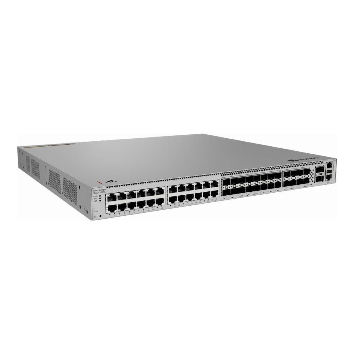 Un switch réseau argenté à 48 ports avec ports en façade et voyants lumineux.