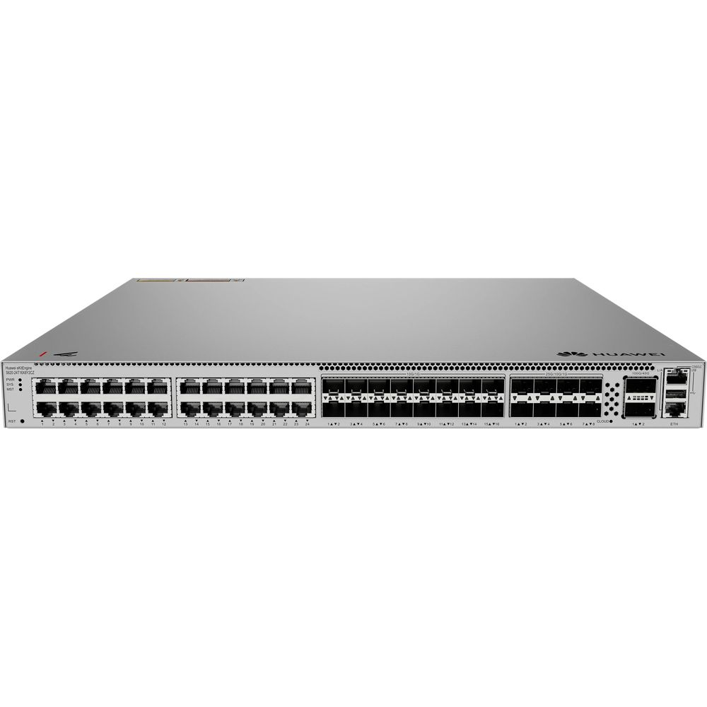 Un commutateur réseau Huawei argenté avec de nombreux ports et voyants.