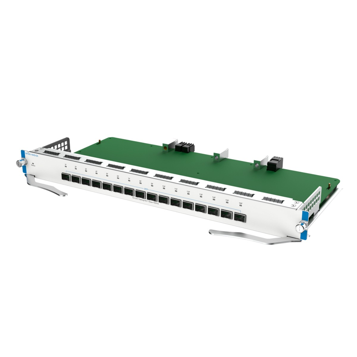 Un modulo switch di rete con 16 porte SFP e una scheda di circuito verde.