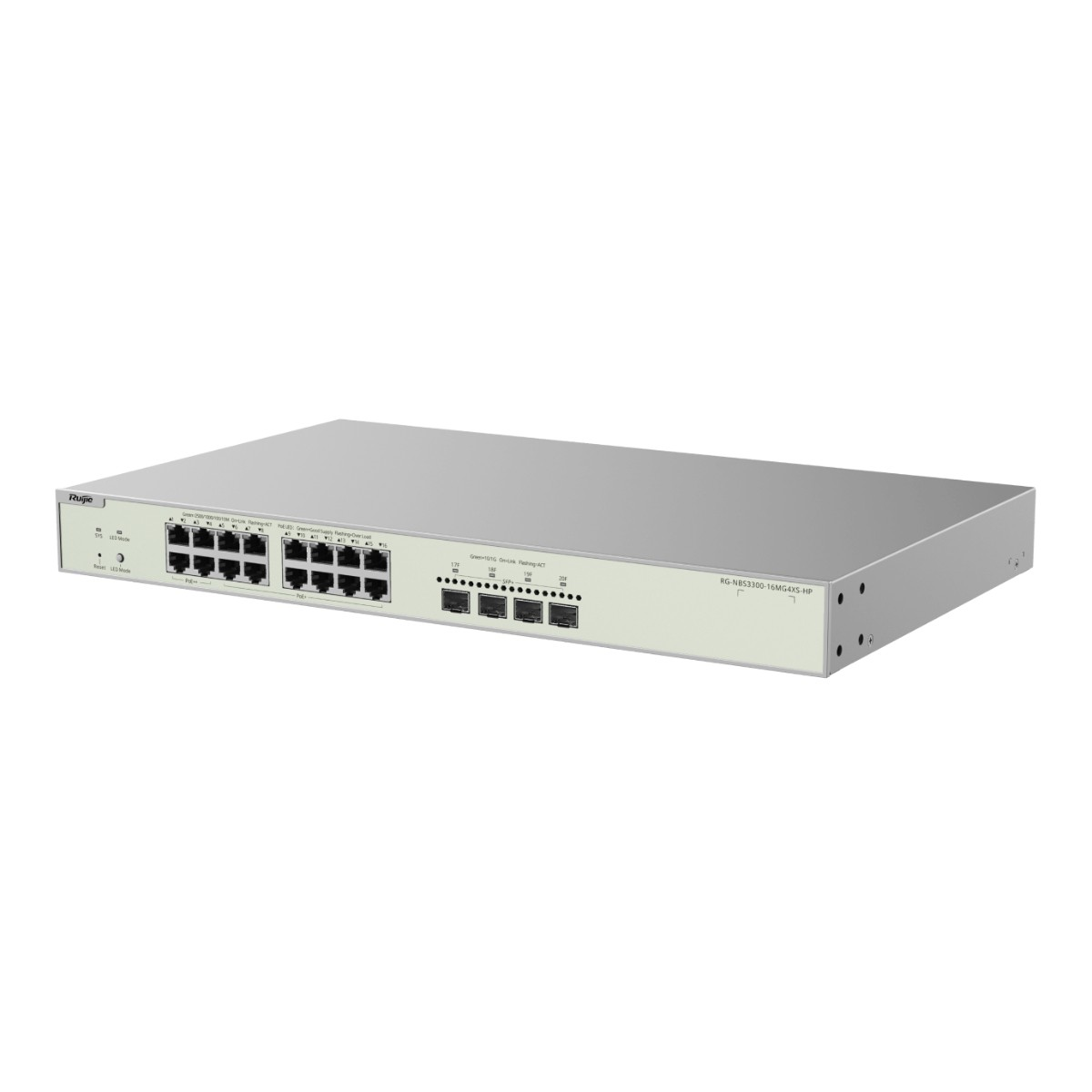 Uno switch di rete argentato con numerose porte e indicatori LED.