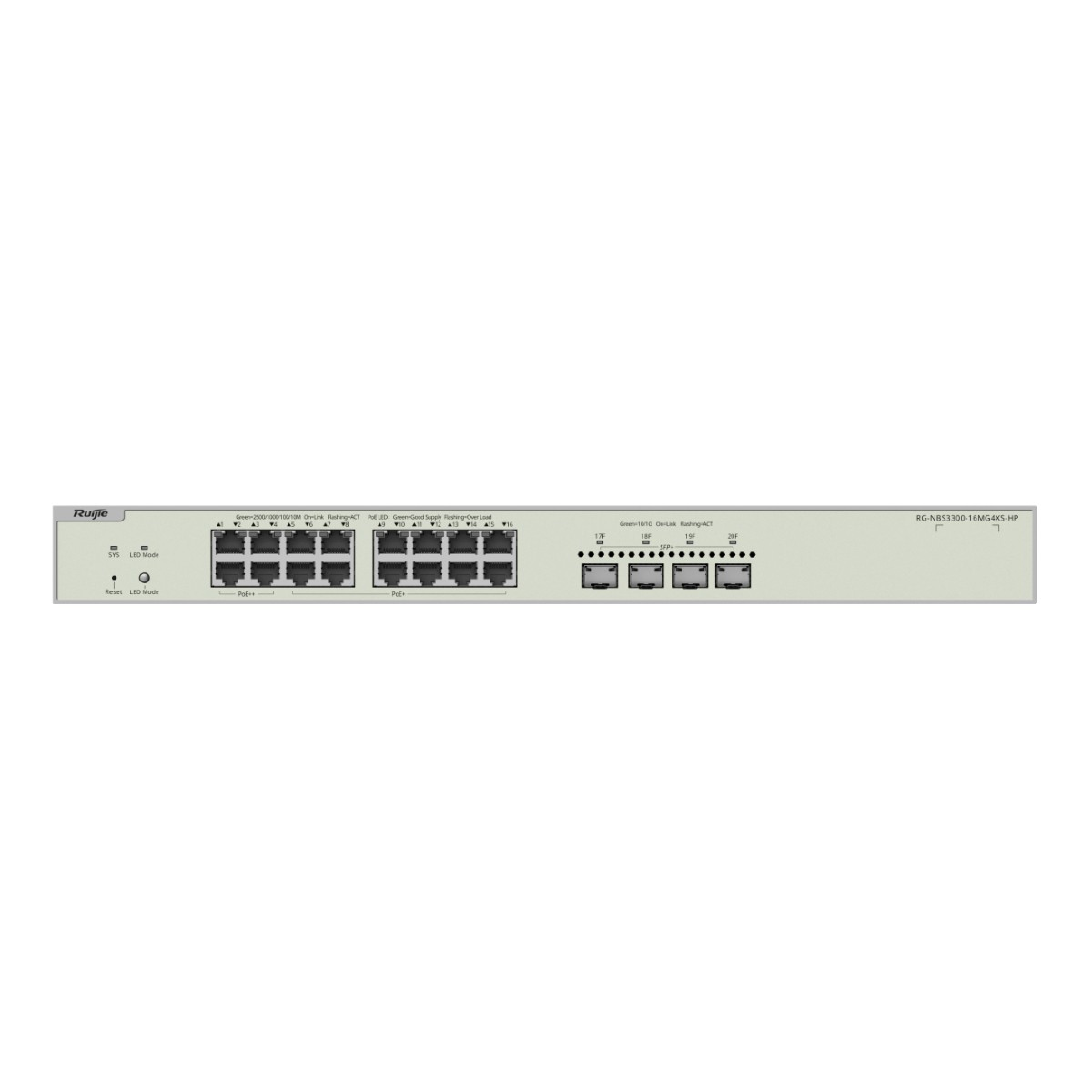 Uno switch di rete argentato da 24 porte con il logo Ruijie.