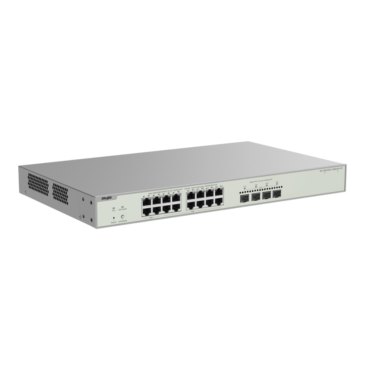 Uno switch di rete argentato con più porte e LED sul pannello frontale.