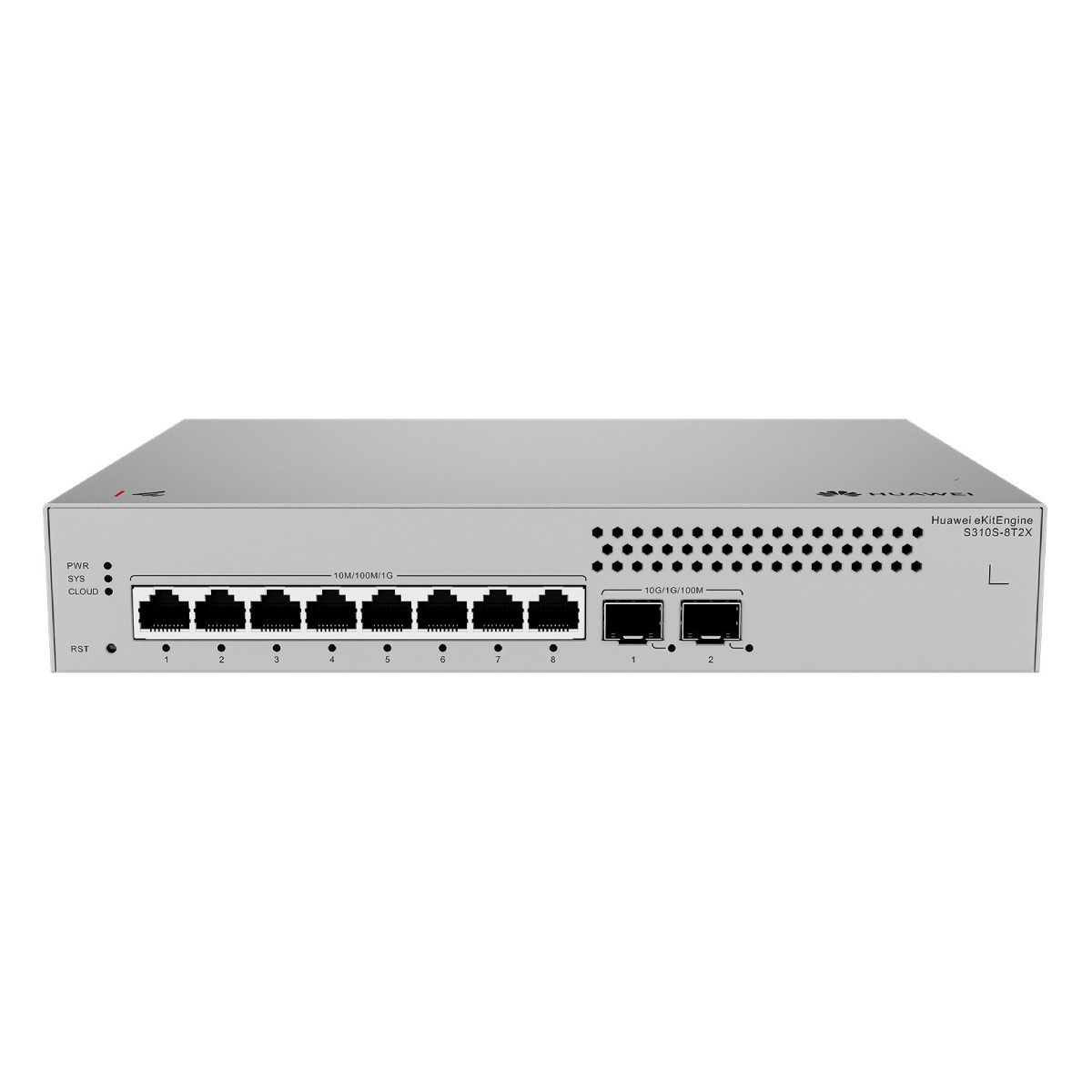 Un dispositivo di rete Huawei eKitEngine S310S-8T2X argentato con 8 porte 1G e 2x 10G.
