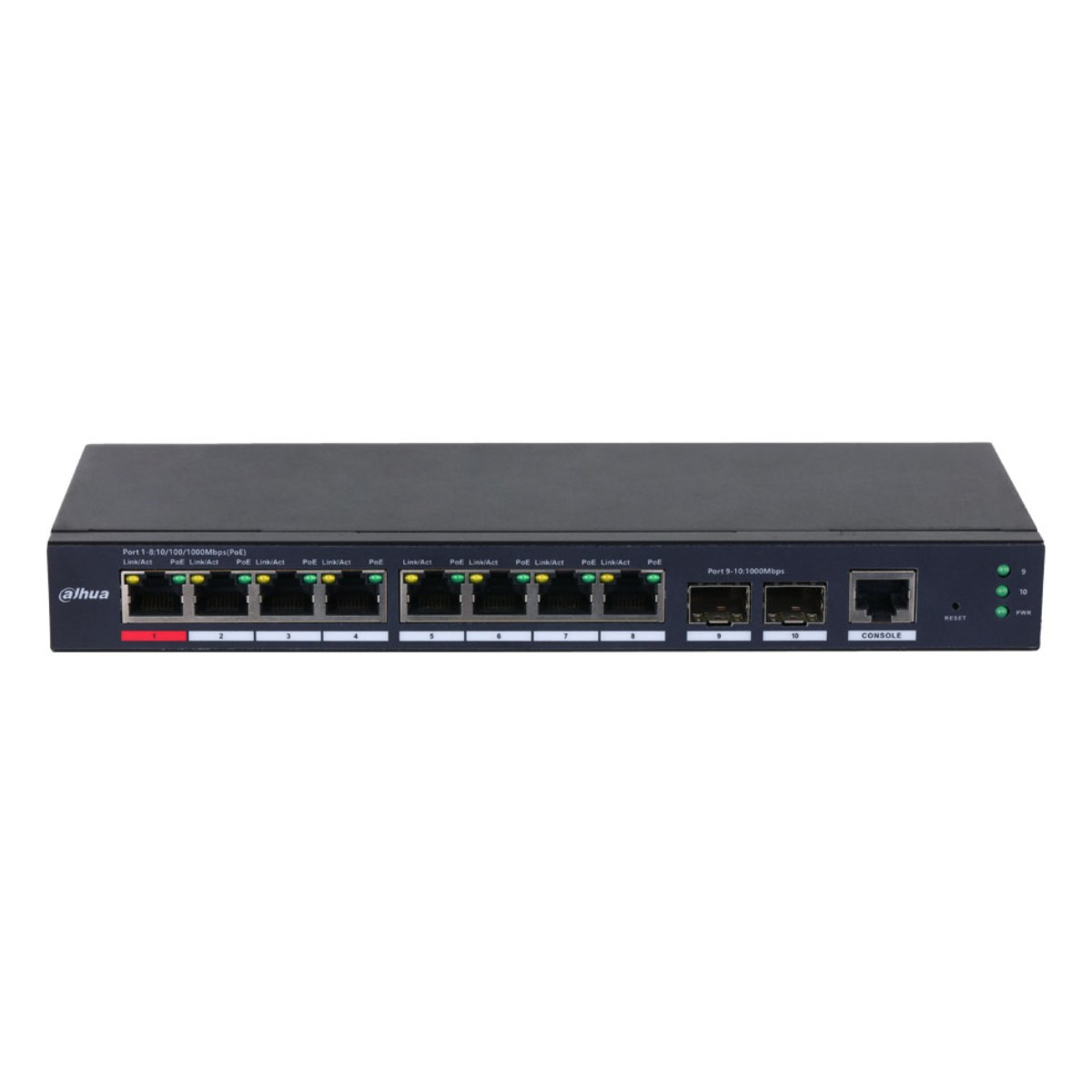Uno switch di rete nero a 10 porte con indicatori LED, etichettato 'Dahua'.