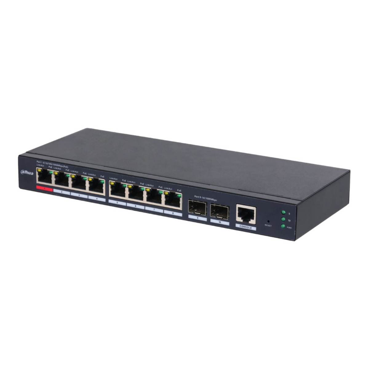 Uno switch di rete Dahua nero a 10 porte con indicatori LED su sfondo bianco.