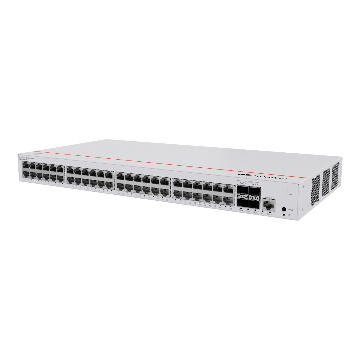 Un commutateur réseau Huawei blanc avec de nombreux ports et voyants d'état sur fond blanc.