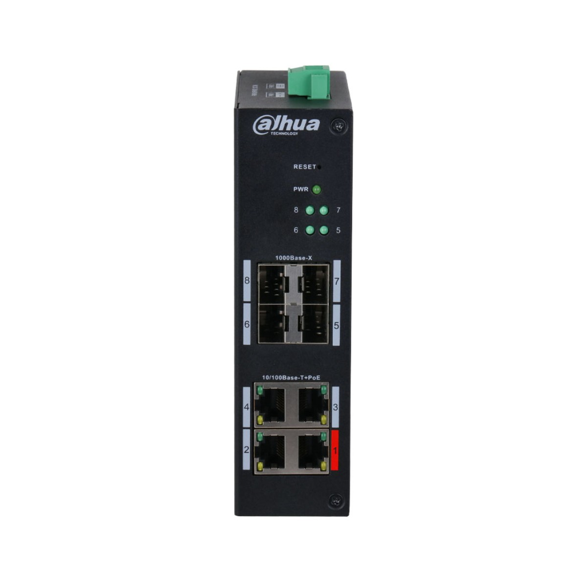 Switch di rete nero a 8 porte, con 4 porte 1000Base-X e 4 porte 10/100Base-T+PoE.