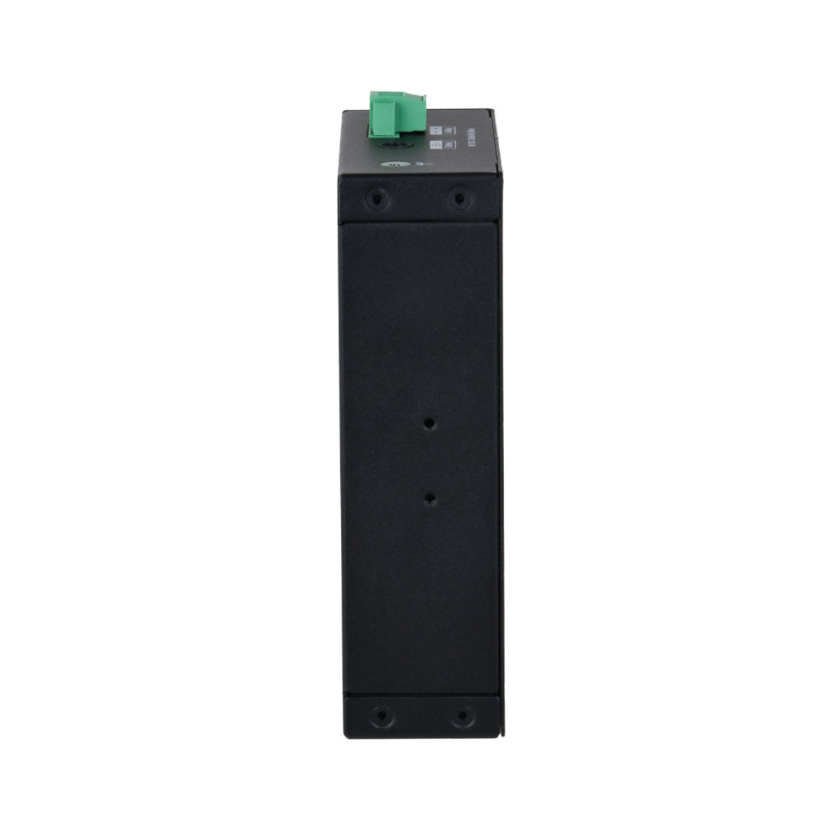 Un dispositivo elettronico nero con un connettore verde in cima, isolato su sfondo bianco.