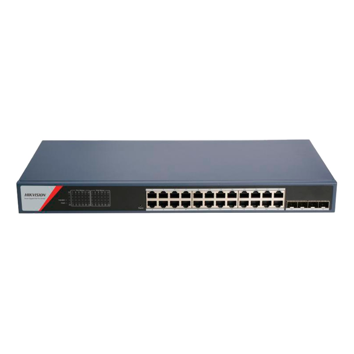 Uno switch di rete Hikvision grigio con 24 porte Ethernet e spie di stato.