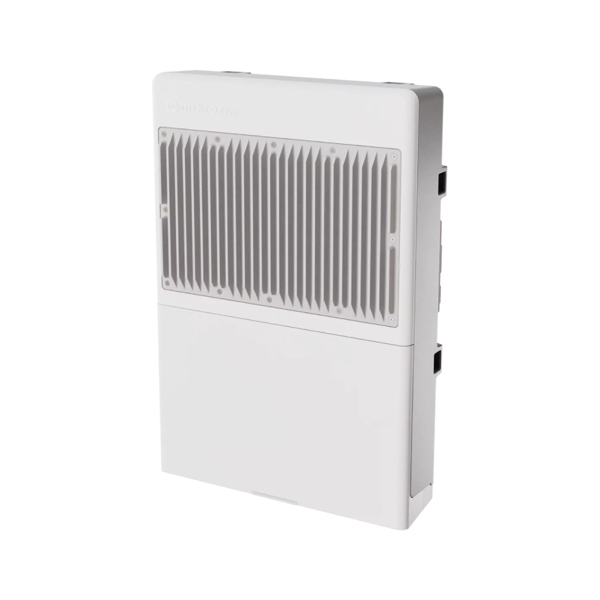 Dispositivo rettangolare bianco con griglia di ventilazione grigia.