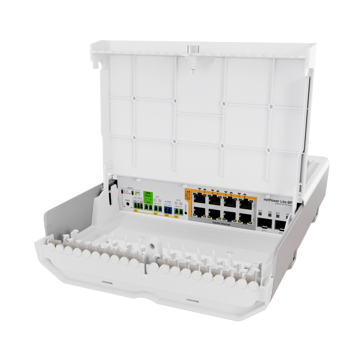 Un alimentatore bianco con coperchio aperto, che rivela porte e connessioni Ethernet.