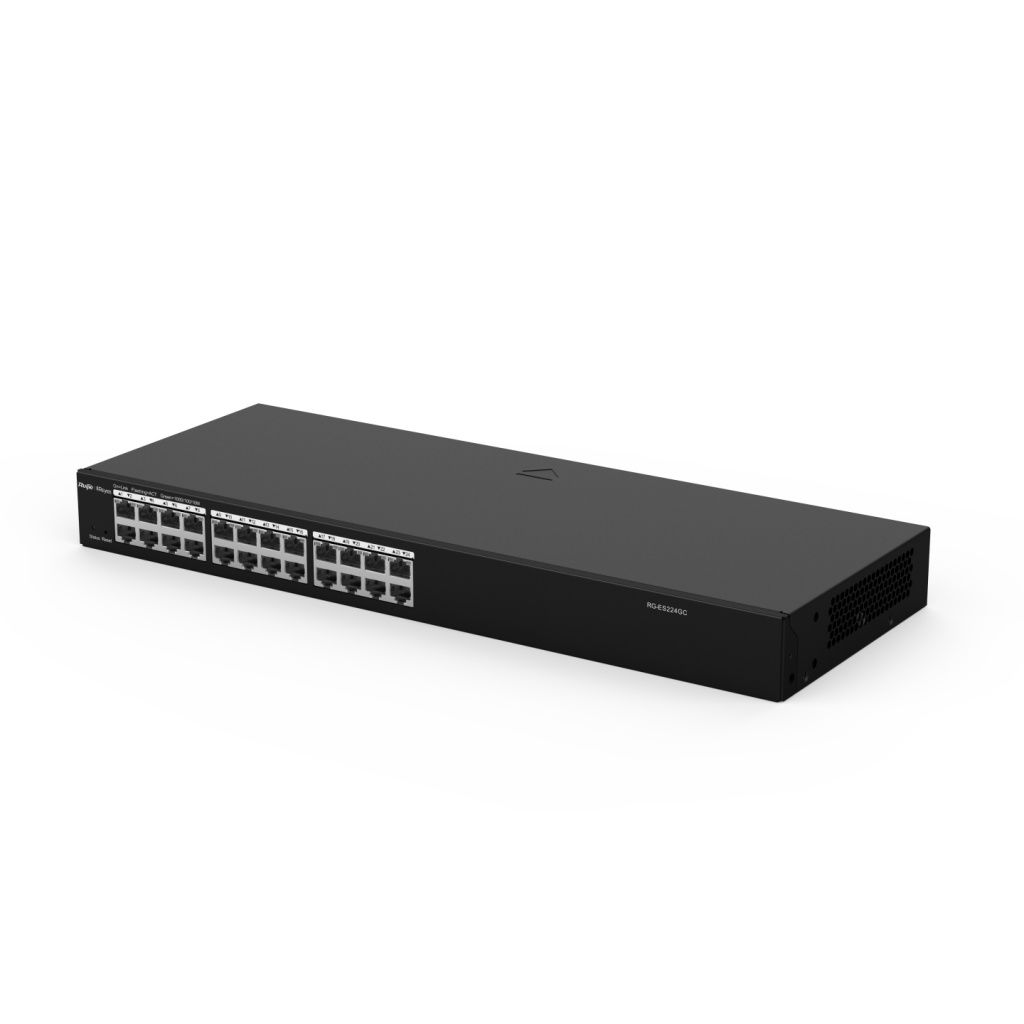 Switch di rete nero con 24 porte e spie di stato.