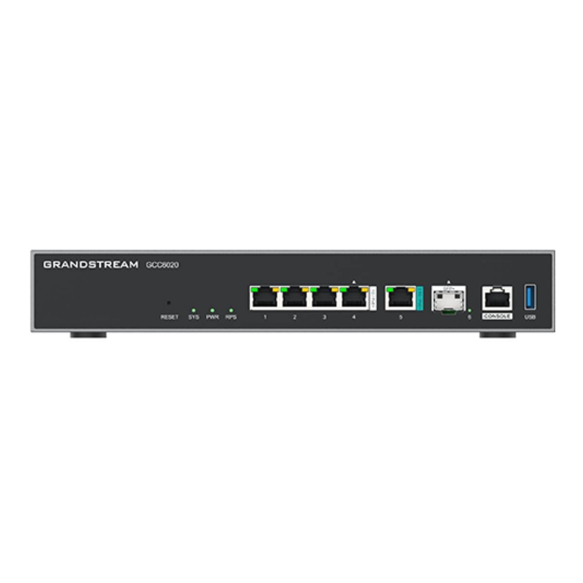 Grandstream GCC6020: Dispositivo nero con 5 porte LAN, console e USB.