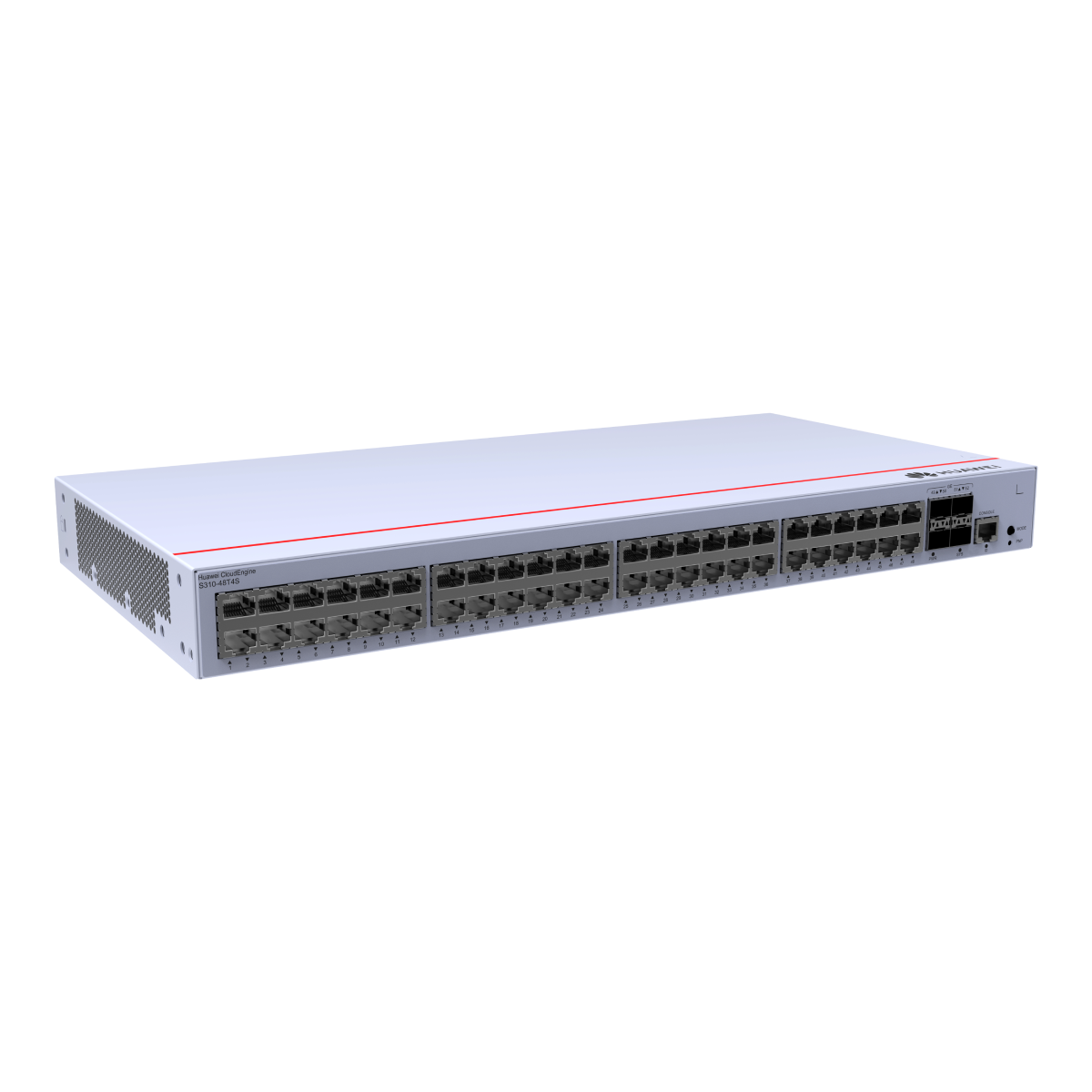 Uno switch di rete bianco con molte porte e accenti rossi.