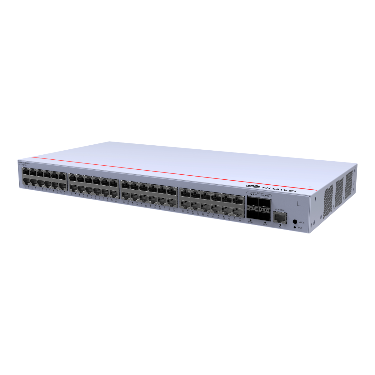 Uno switch di rete Huawei bianco con molte porte e spie su sfondo bianco.
