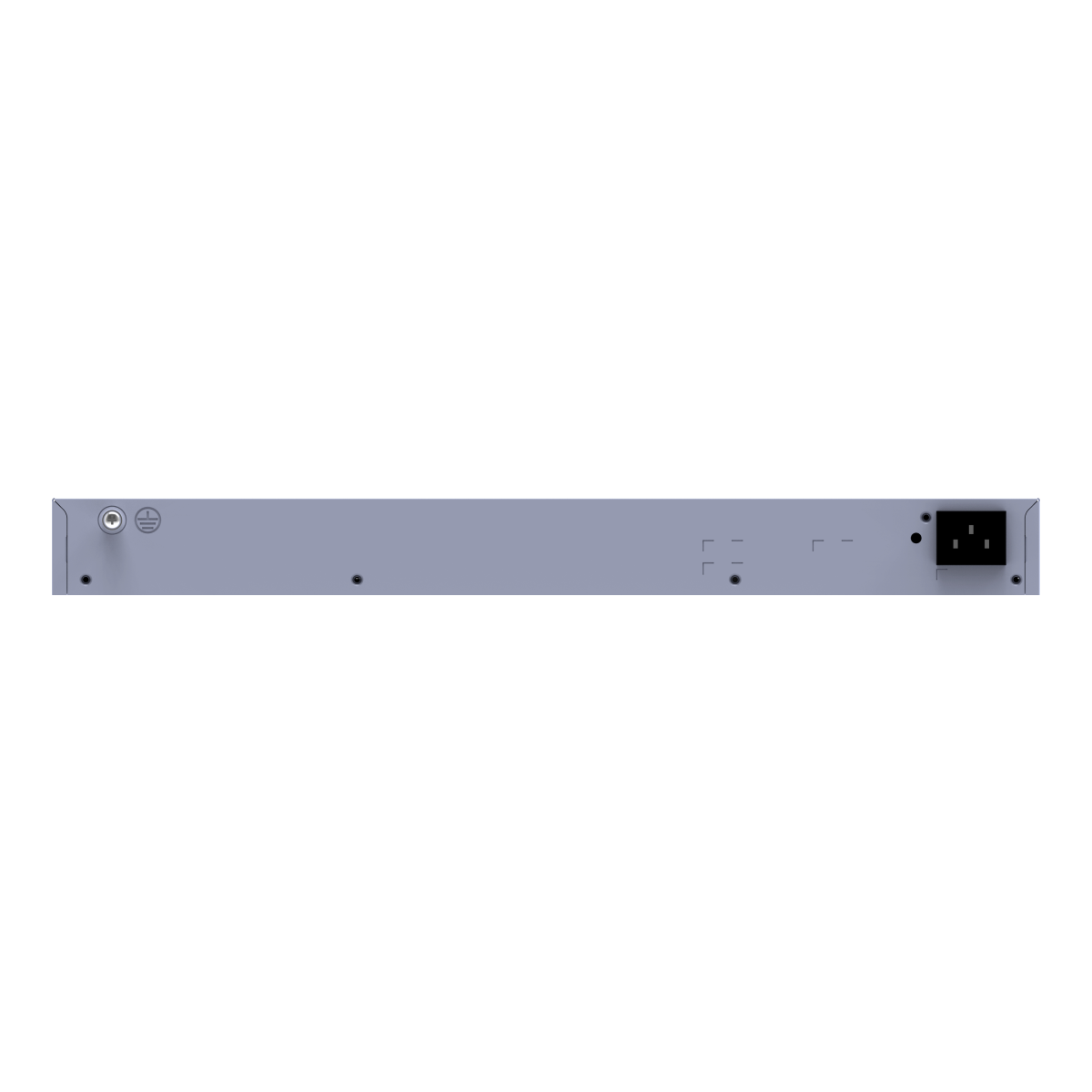 Retro di un dispositivo grigio con connettore di alimentazione e simbolo di messa a terra.
