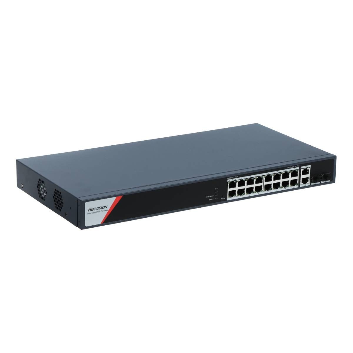 Uno switch di rete Hikvision grigio con 16 porte e LED di stato.