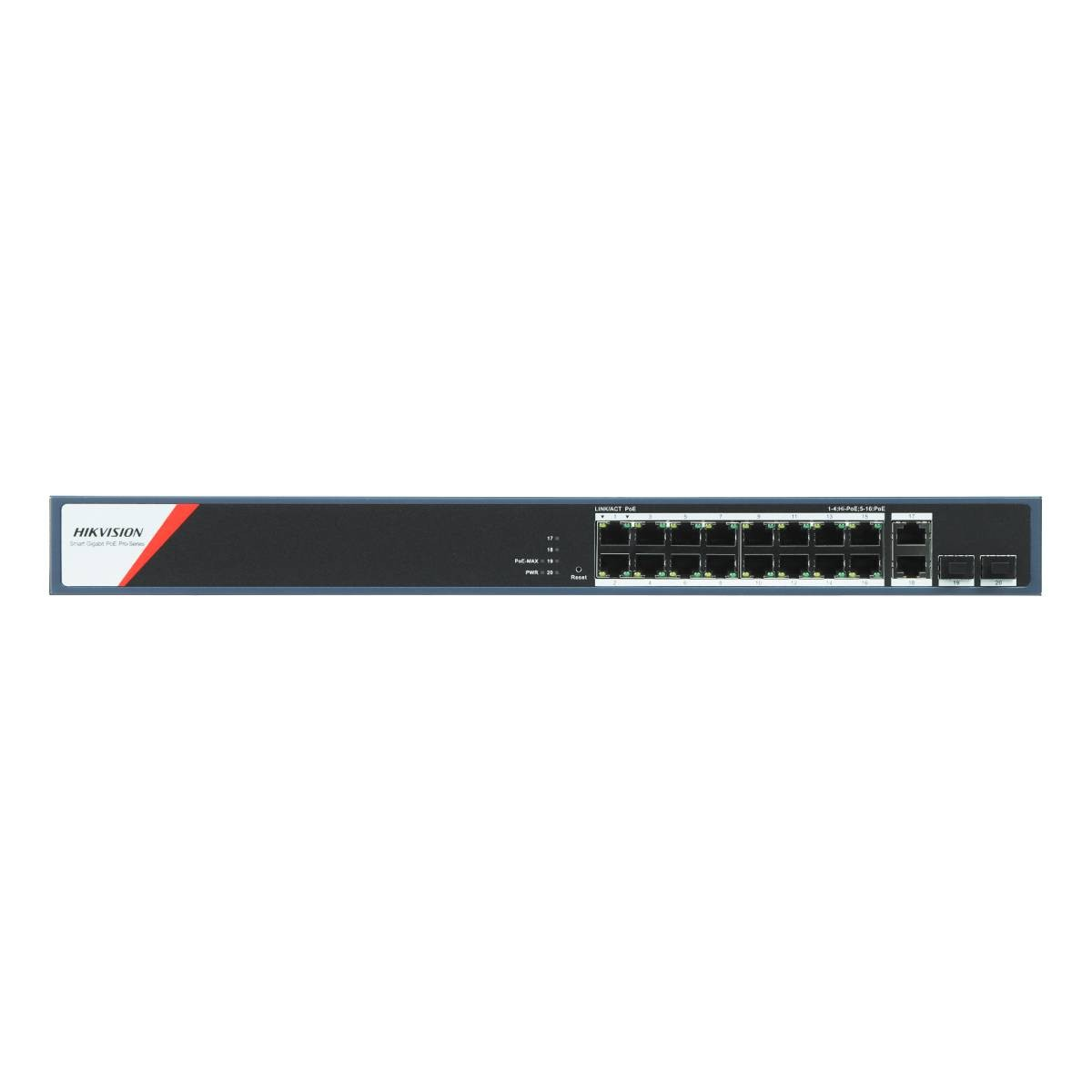 Uno switch di rete Hikvision a 24 porte con indicatori LED.