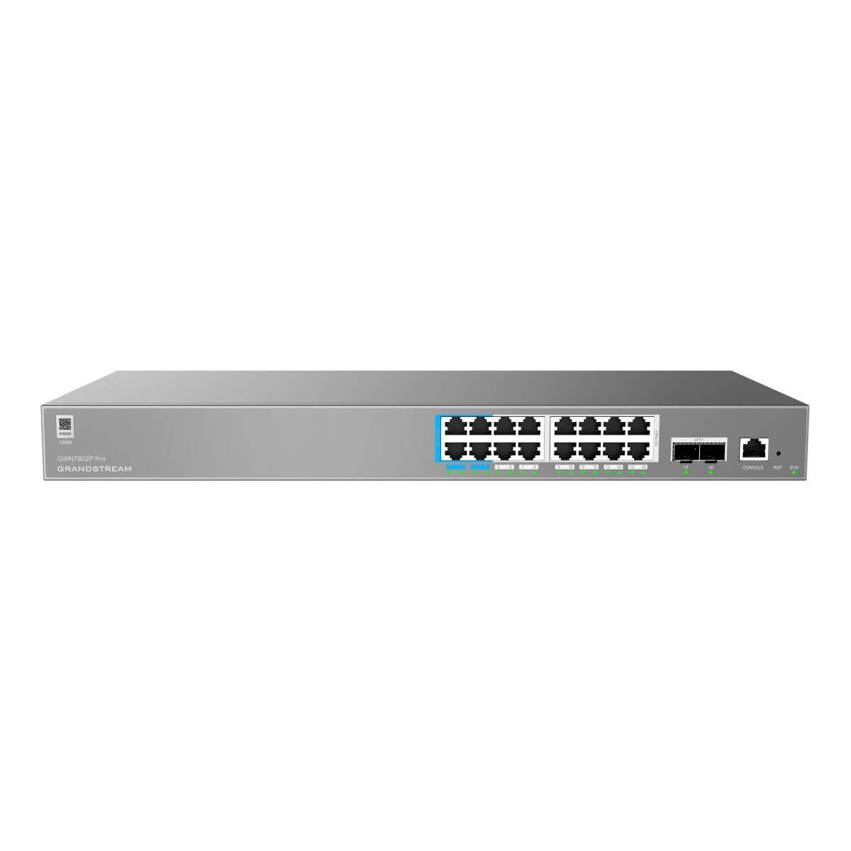 Switch di rete Grandstream GWN7802P Pro grigio con 24 porte e indicatori LED.