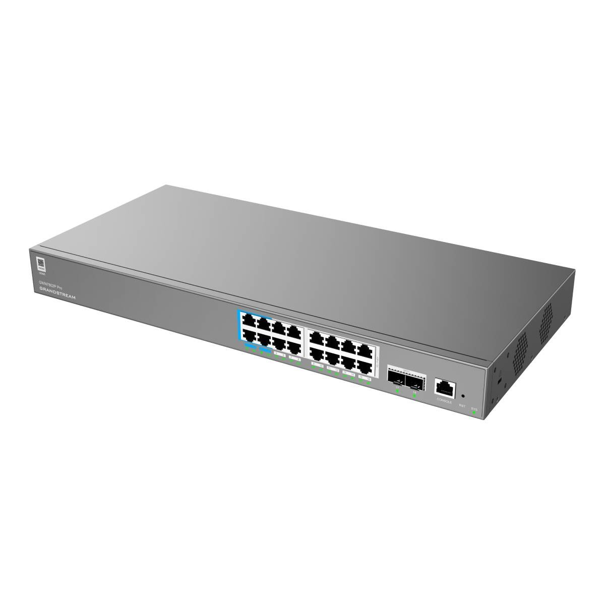 Uno switch di rete grigio con più porte, porte etichettate e luci.