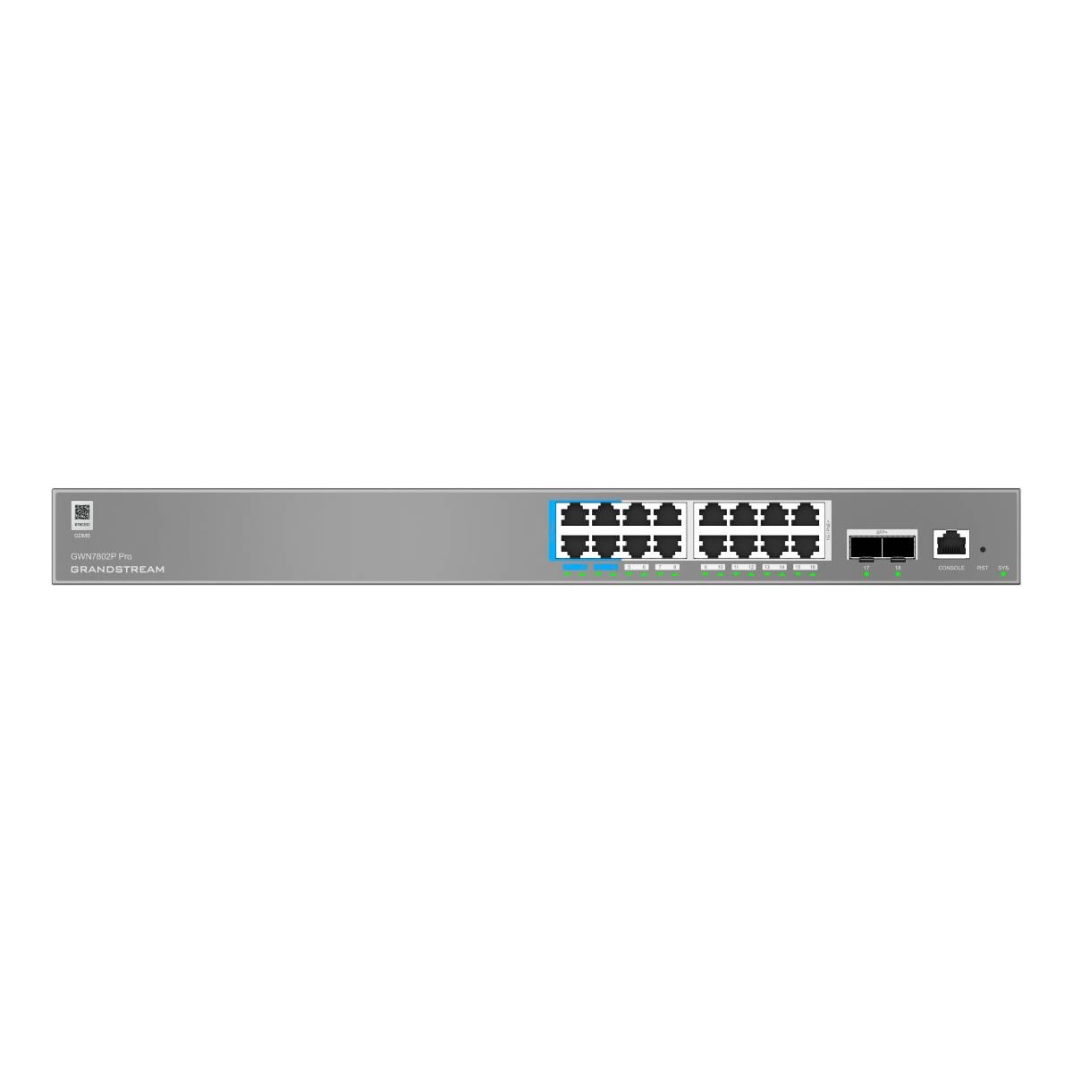 Switch di rete grigio con 16 porte, etichette e LED.