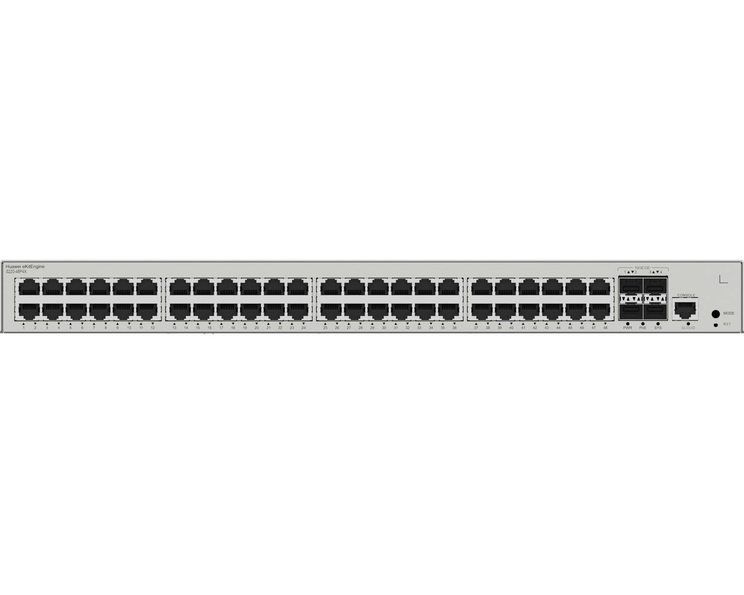 Uno switch di rete Huawei argentato con 48 porte e più connettori.