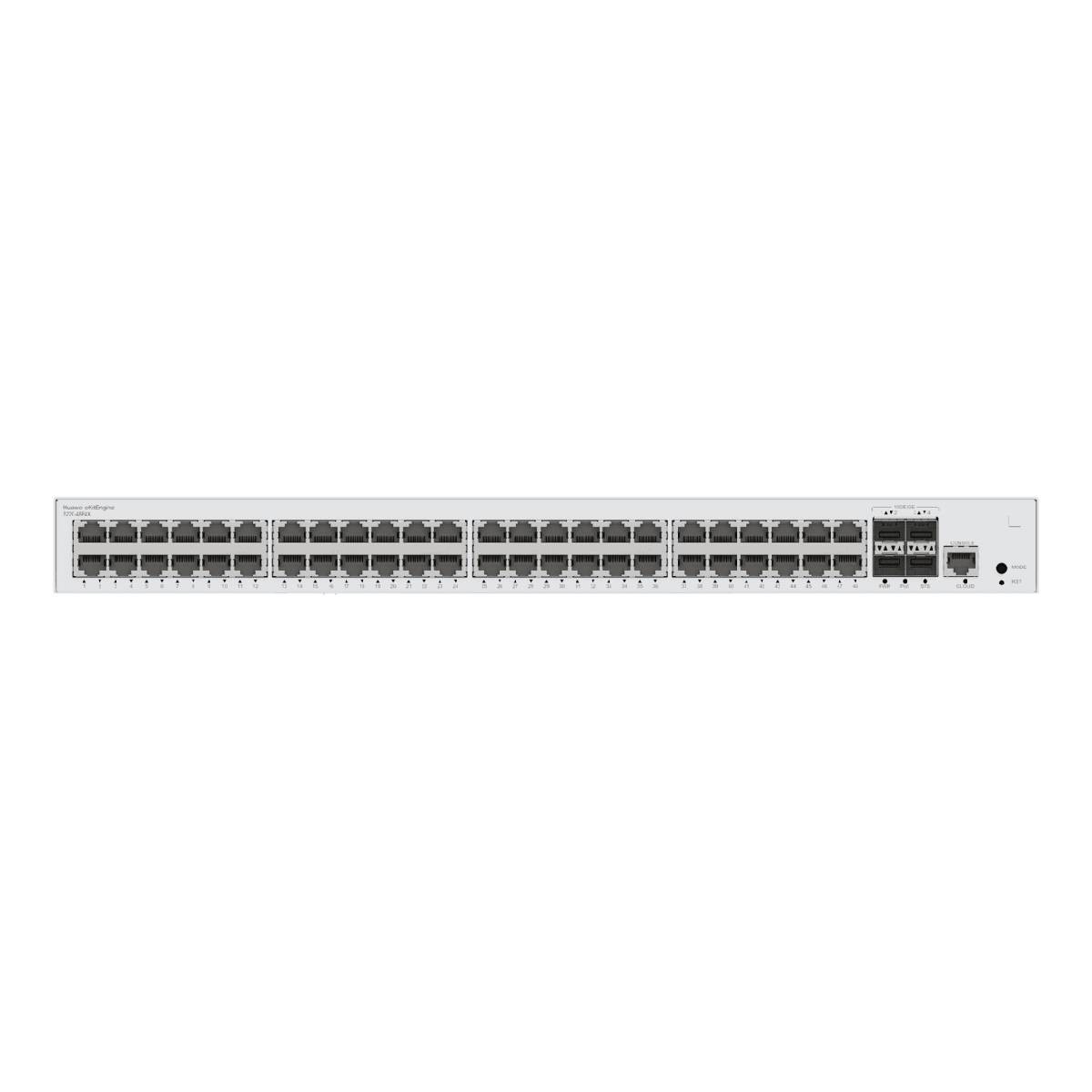 Uno switch di rete argentato con 48 porte e indicatori di stato sul lato destro.