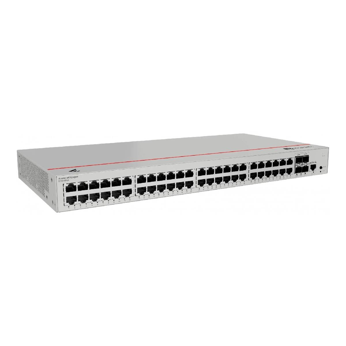 Uno switch di rete argentato con molte porte e una linea rossa.