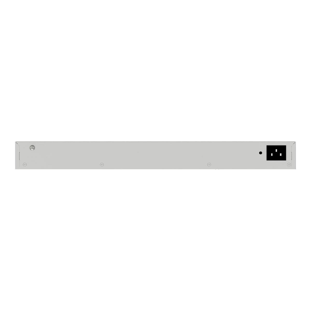 Switch di rete grigio con connettore di alimentazione frontale.