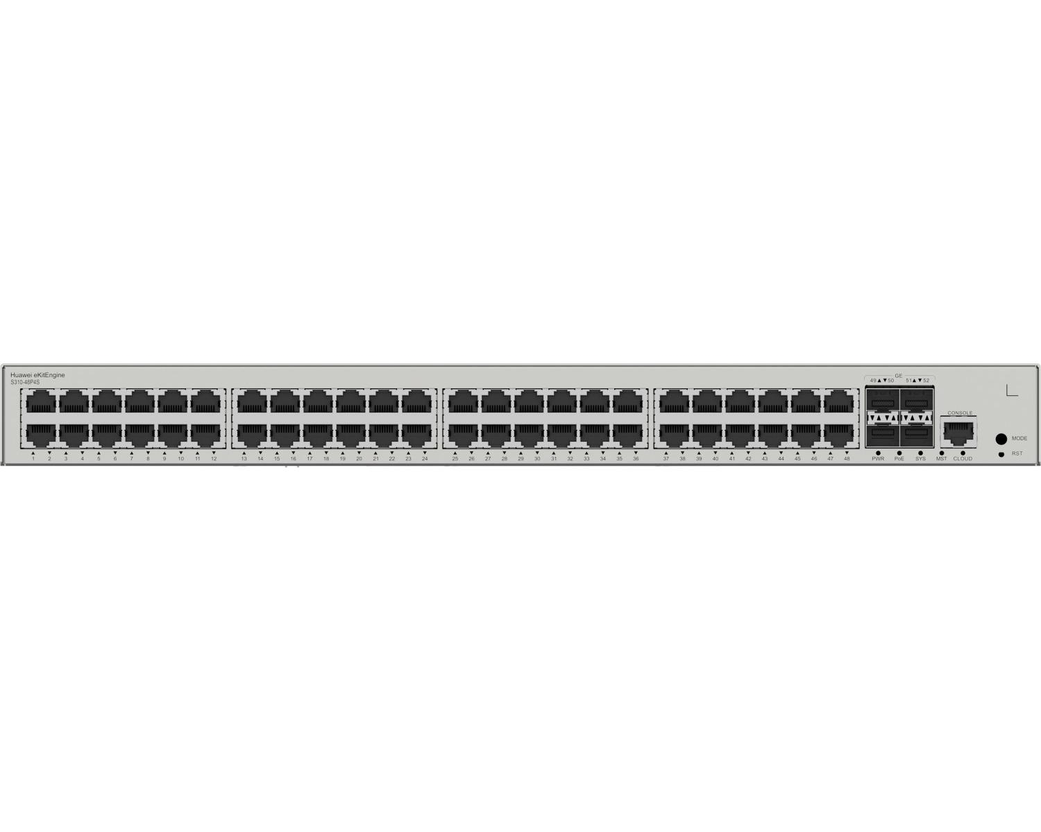 Uno switch di rete Huawei eKitEngine S310-48P4S argentato con 48 porte.