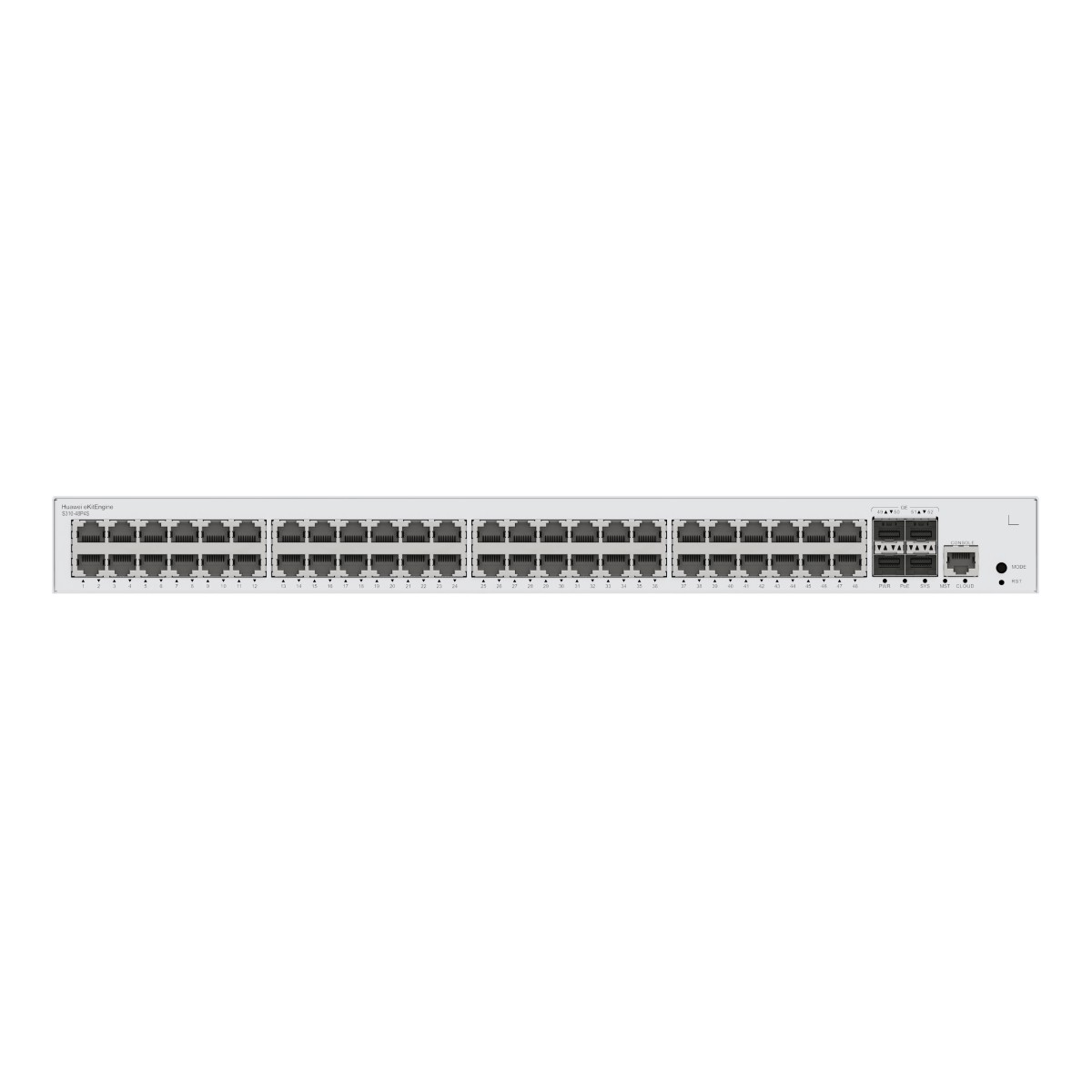 Uno switch di rete argentato con 48 porte ed etichette.