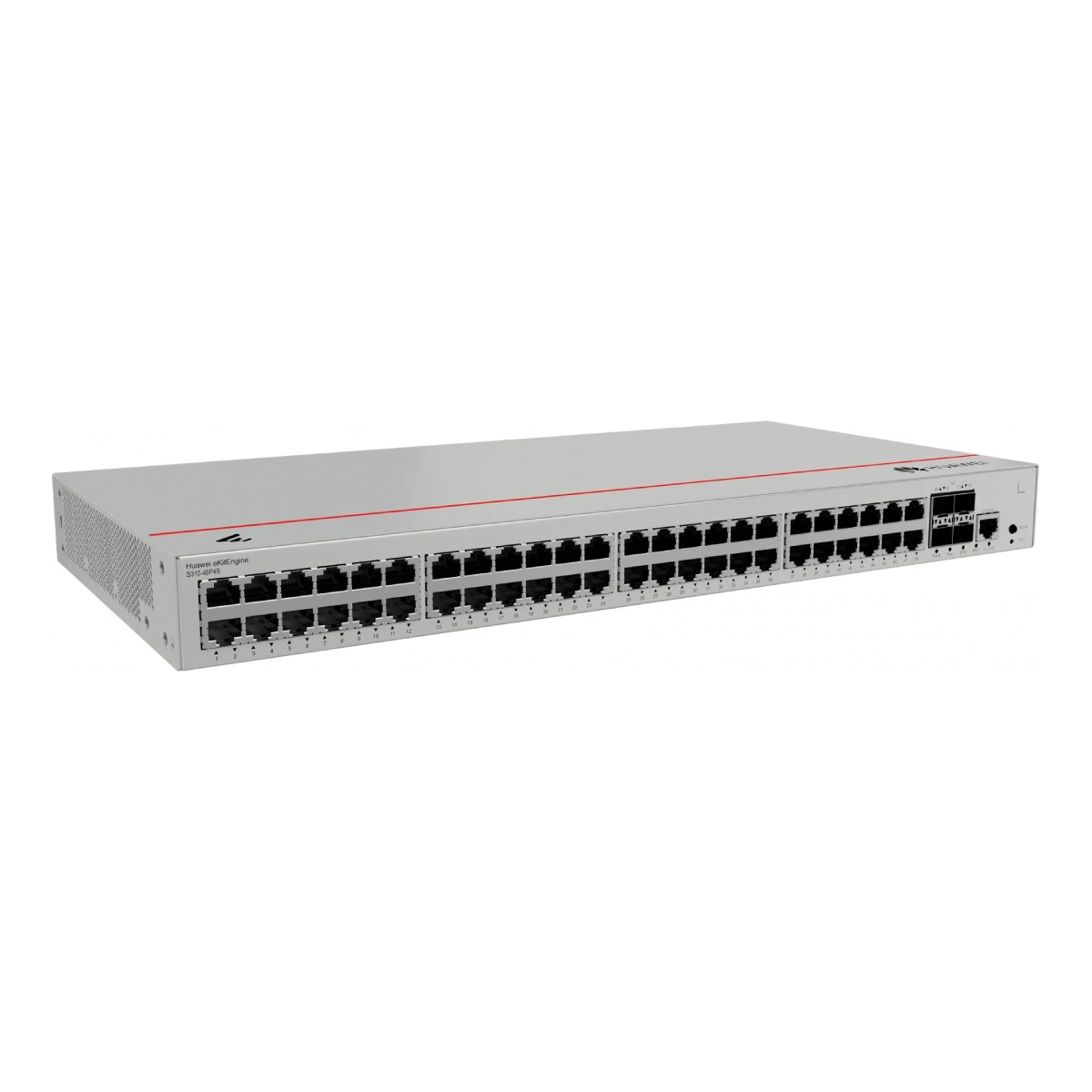 Uno switch di rete Huawei grigio con molte porte sul pannello frontale.