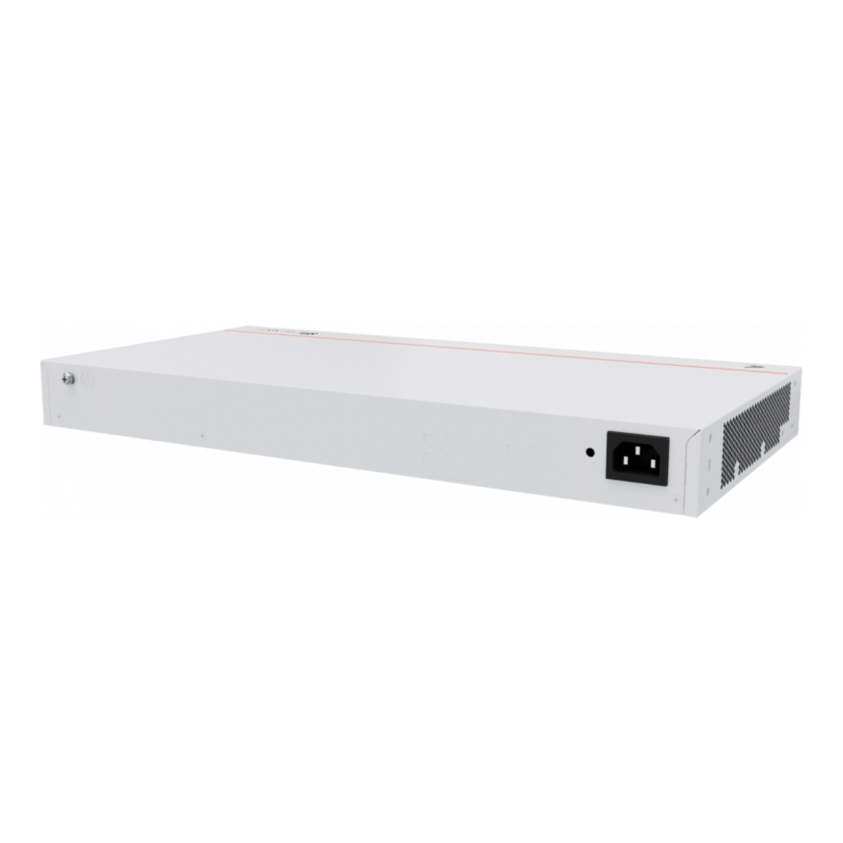 Uno switch di rete bianco con connettore di alimentazione a destra.