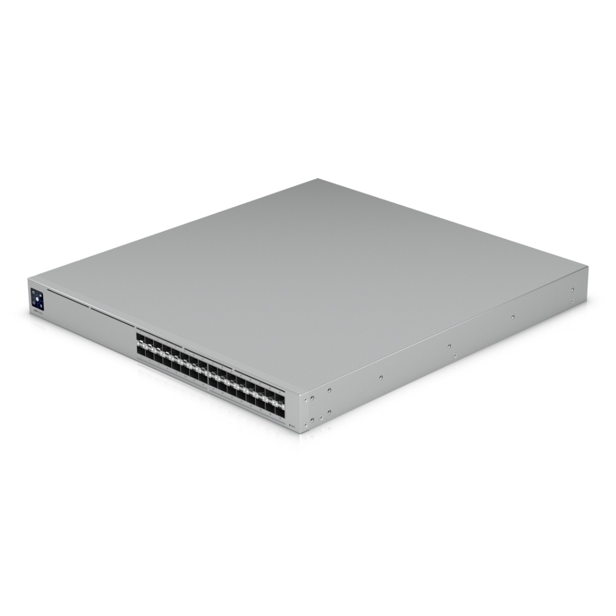 Uno switch di rete argentato con più porte sul pannello frontale.