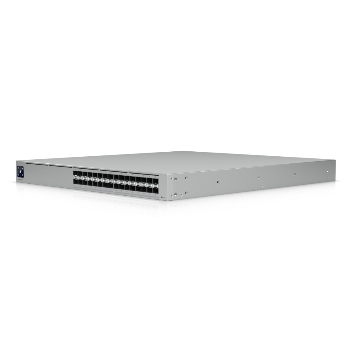 Uno switch di rete argentato a 48 porte su sfondo bianco.