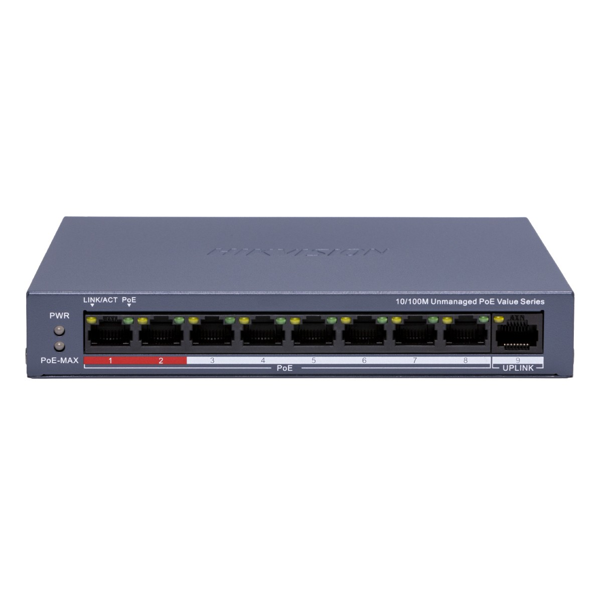 Uno switch di rete grigio con 9 porte, etichettate da 1 a 9.