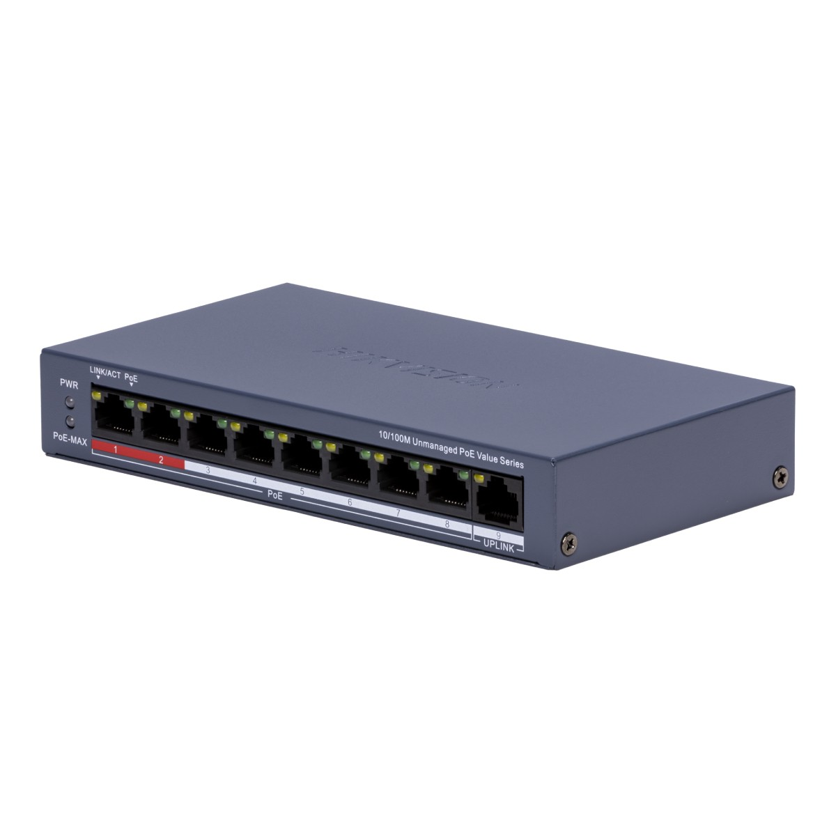 Uno switch di rete grigio con 10 porte, indicatori LED ed etichette.