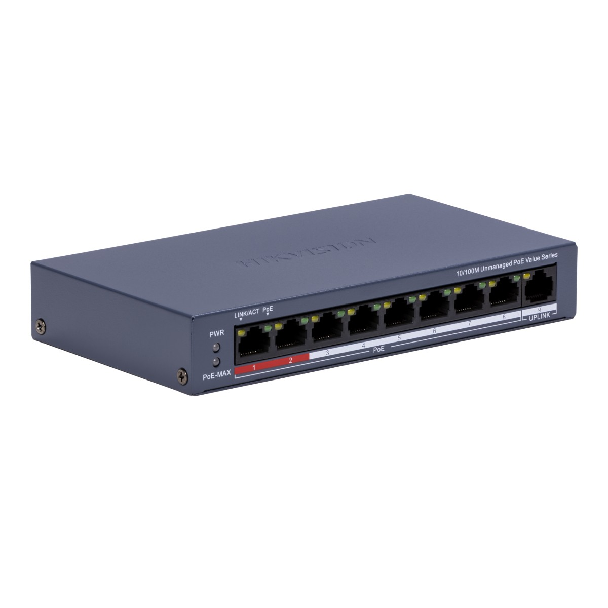 Uno switch di rete grigio scuro 10/100M Unmanaged PoE Value Series con 8 porte.